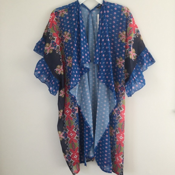Blue Geometric Print Chiffon Kimono Beach Coverup - Picture 7 of 8